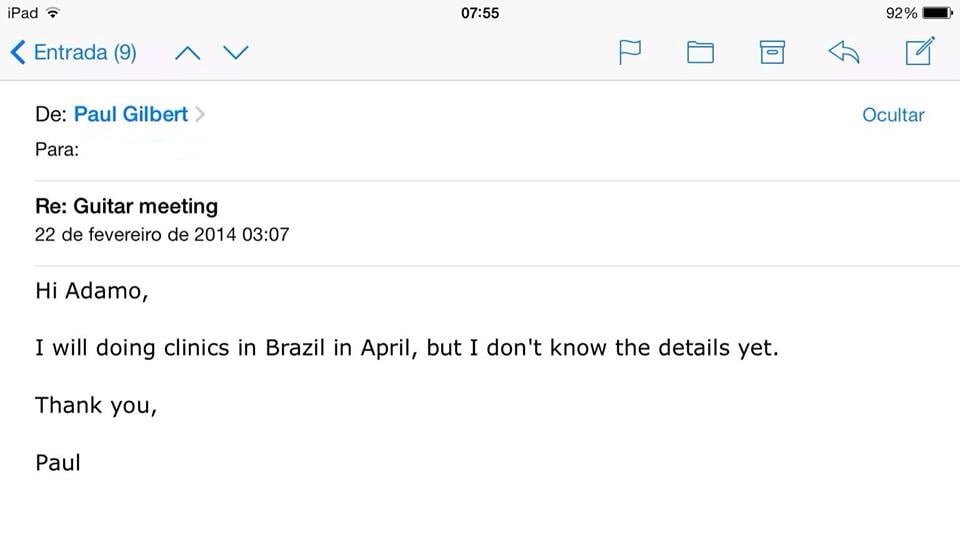 E-mail enviado por Paul Gilbert confirmando sua vinda ao País